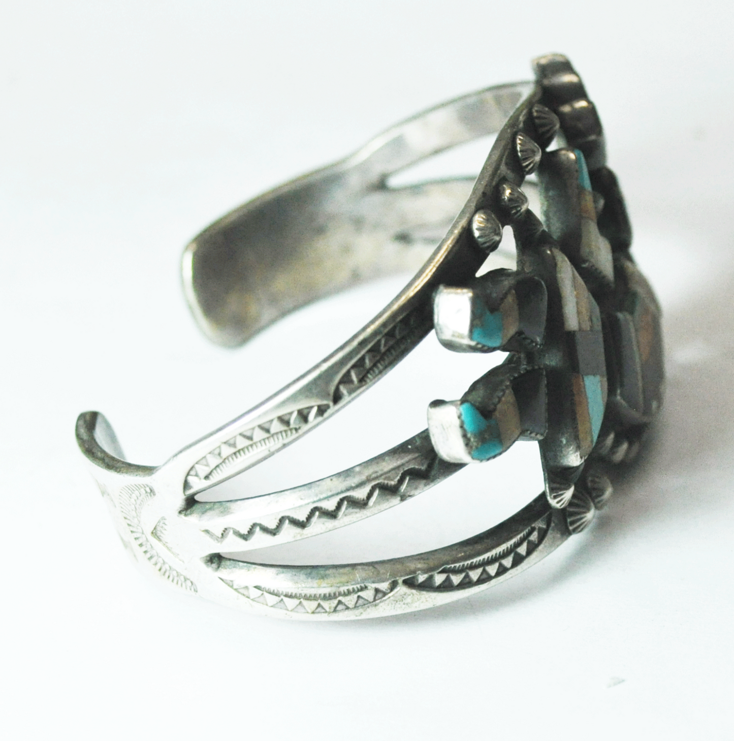 Sterling Silver Knifewing Inlay Rainbow Split Cuff Bracelet 36mm 7" Wrist