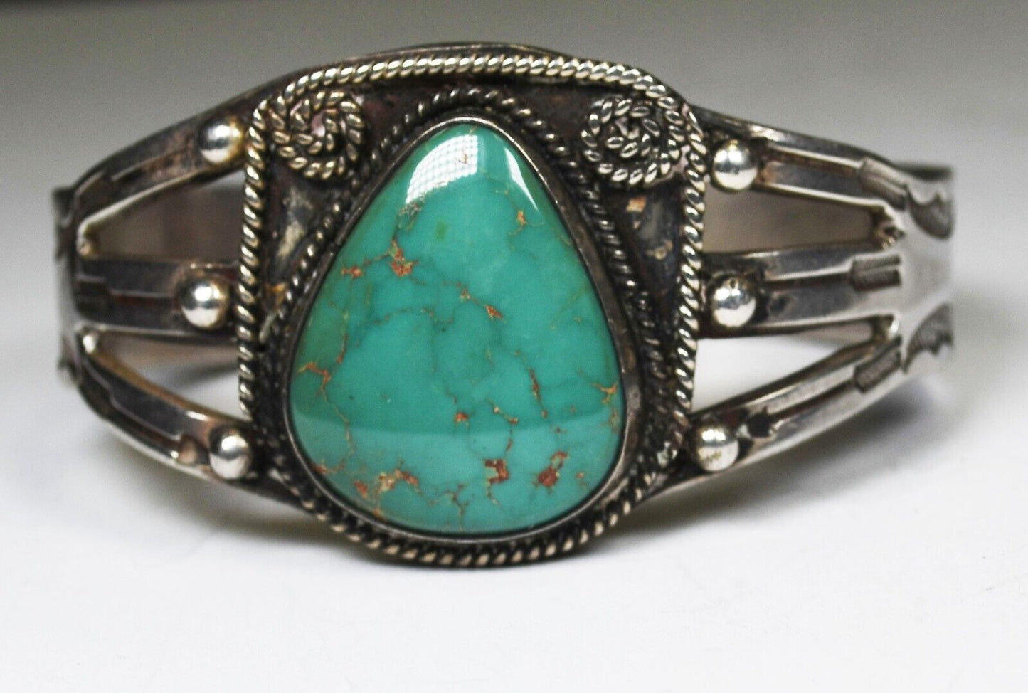 Sterling Vintage 6 Arrows Teardrop Turquoise Cuff Bracelet 30mm 6.5" Wrist