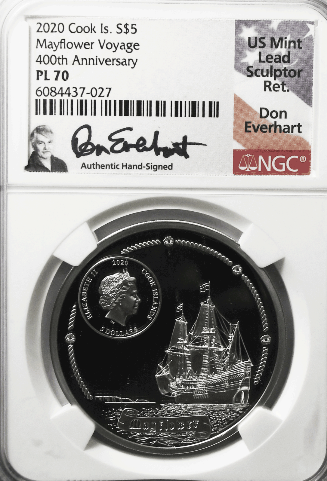 2020 Cook Islands $5 Mayflower Voyage Proof Silver Coin NGC PL70 Don Everhart