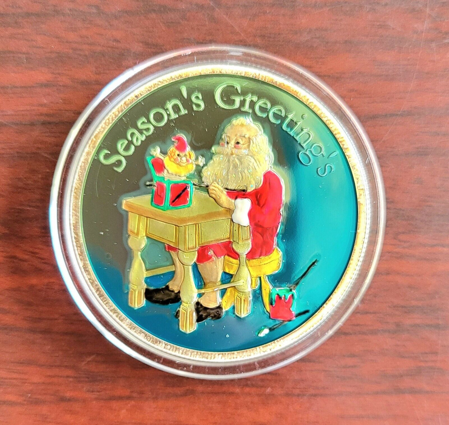 Season's Greetings 1oz Fine Silver Round Christmas Colored Enamel Santa Workshop
