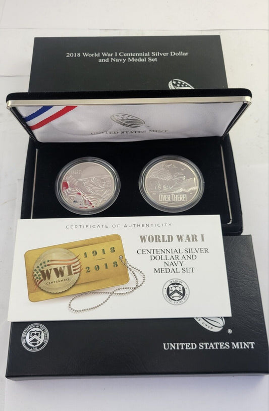 2018 World War I Centennial P Silver Dollar and Navy Medal Proof Set Boxed