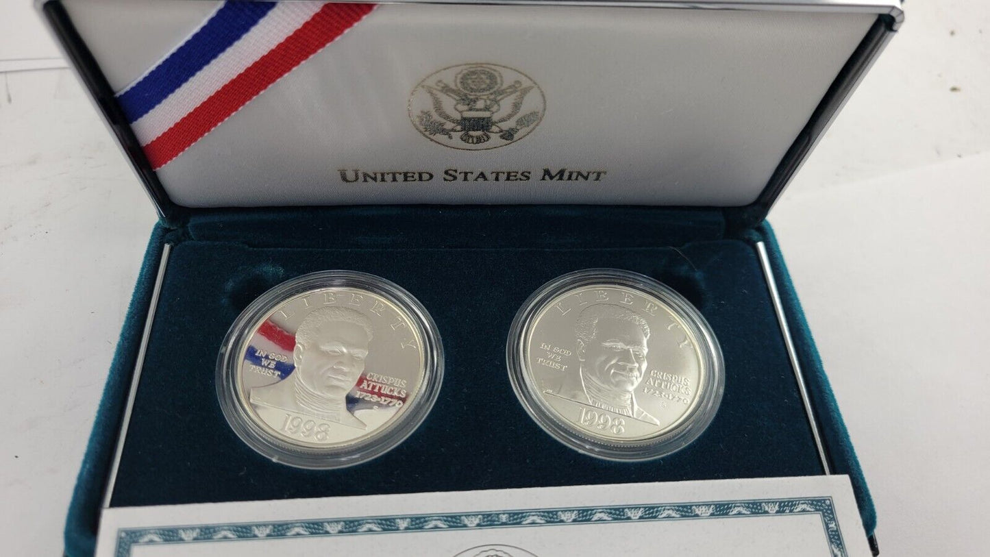 1998 S Black Revolutionary War Patriots Commemorative 2pc Silver Dollar Coin Set