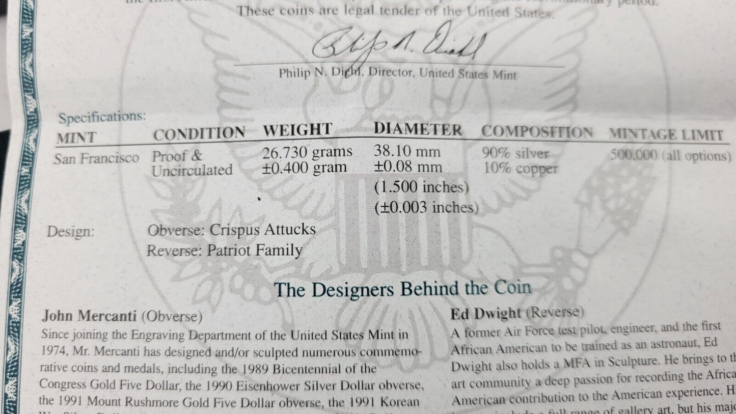 1998 S Black Revolutionary War Patriots Commemorative 2pc Silver Dollar Coin Set