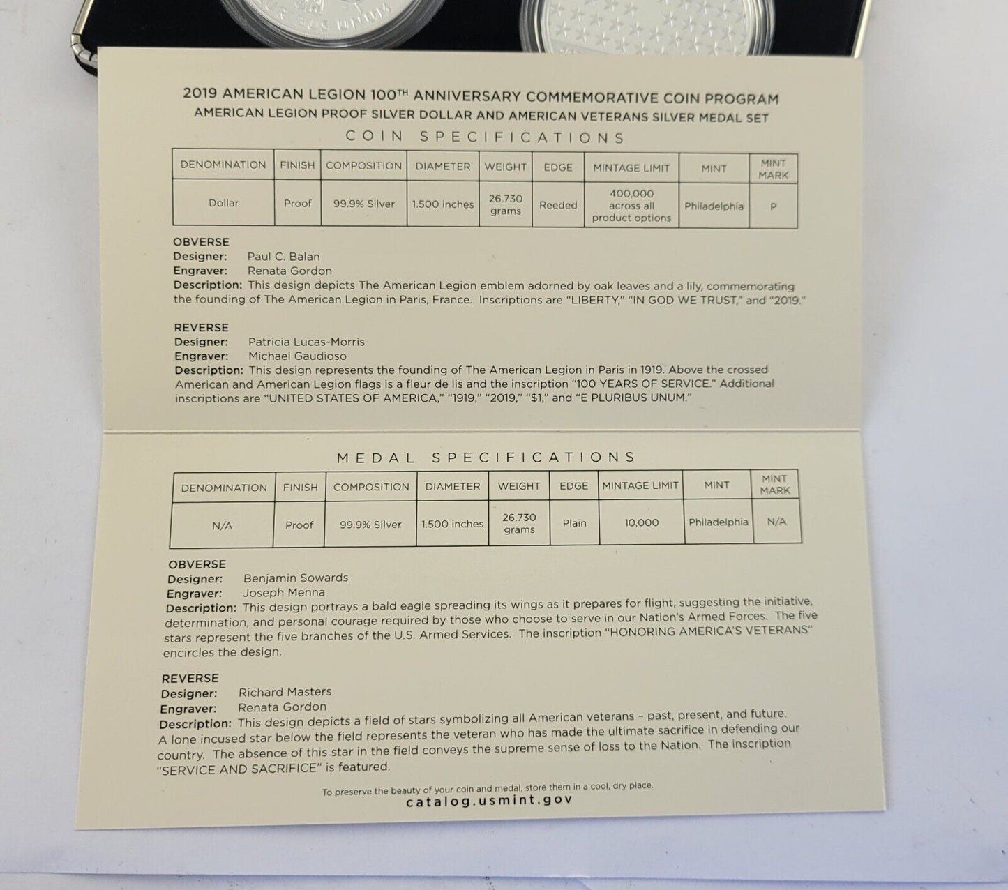 2019 American Legion 100th Anniversary Silver Proof Dollar Medal Set w/COA Boxed