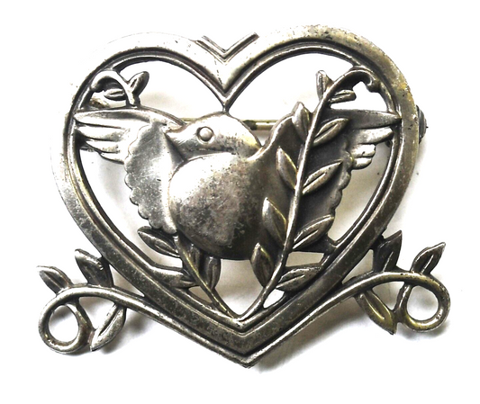 Sterling Silver Dove Inside Heart Floral Vine Brooch Pin 33mm x 27mm