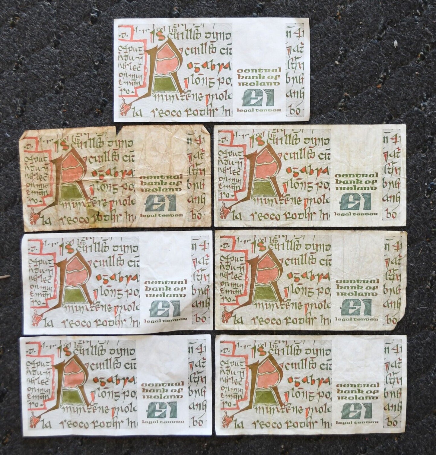 7 Ireland One Pound Banknotes 1977-89 Republic