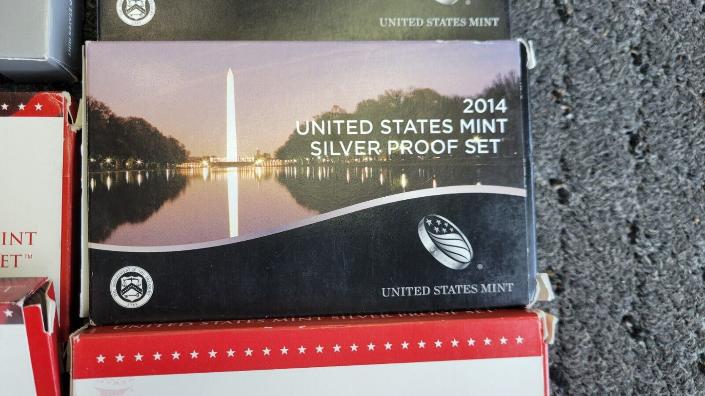 9 Set Lot Of US Mint Silver Proof Sets 1999, 2009, 2016, 2017, 2019, 2012, 2014