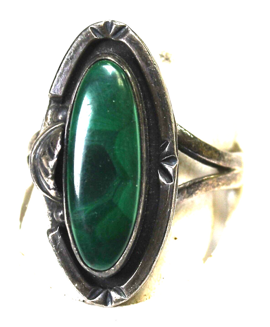 Sterling Silver GFIS Mexico Oval Green Malachite Ring 27mm Size 9.5