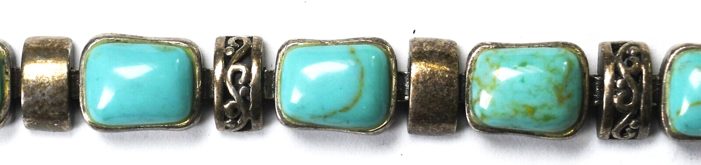 Sterling Silver Dyed Howlite Turquoise Rectangle Filigree Bracelet 9mm 7"