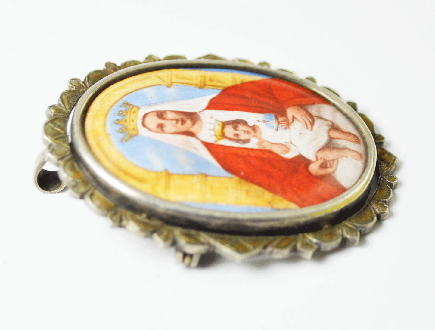 Our Lady Derzhavnaya Orthodox Mother of God Antique Enamel Portrait Silver Bezel