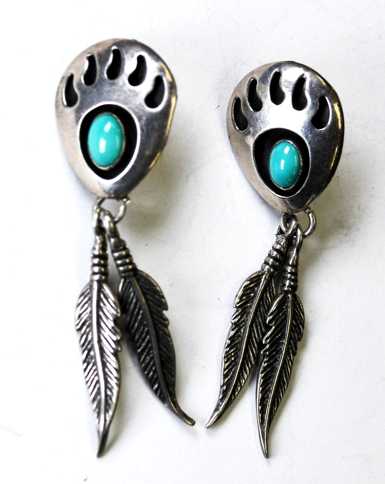Sterling Turquoise Shadow Box Bear Claw Feather Dangle Earrings 17mm x 55mm
