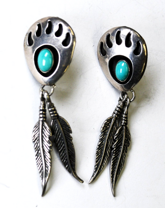 Sterling Turquoise Shadow Box Bear Claw Feather Dangle Earrings 17mm x 55mm