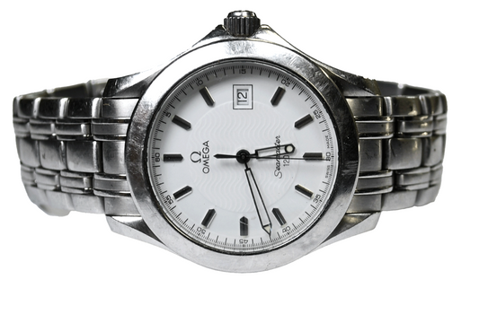 Men's Omega Seamaster 120m Quartz White Wave Dial Date 1538 36mm 196 1501