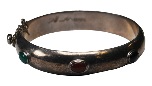 Sterling Round Hinged Black Green Onyx Small Bangle 12mm Bracelet 7" Wrist