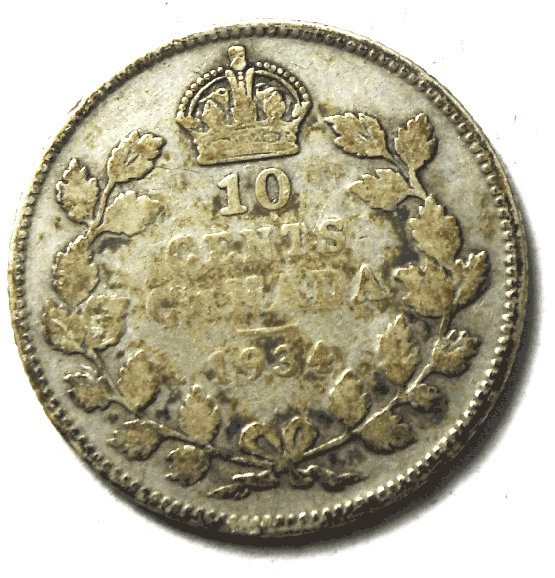 1934 Canada 10c Ten Cents Silver Coin Dime KM# 23a
