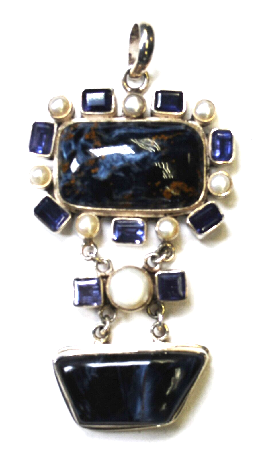 Sterling Silver Blue Tiger's Eye Amethyst Pendant 3.5" x 46mm