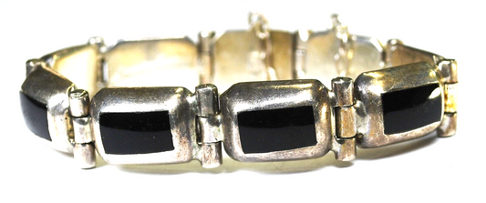 Sterling Silver Rectangle Onyx Bracelet 12mm  7-1/2"
