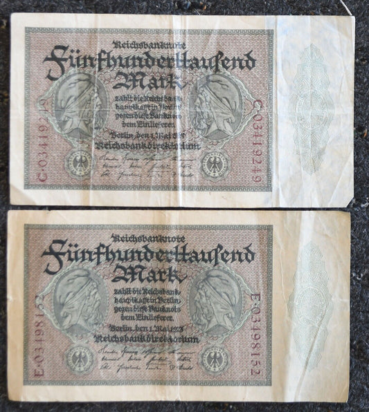 2-  1923 Germany 500,000 Five Hundred Thousand Mark Reichsbanknotes 3rd Issue