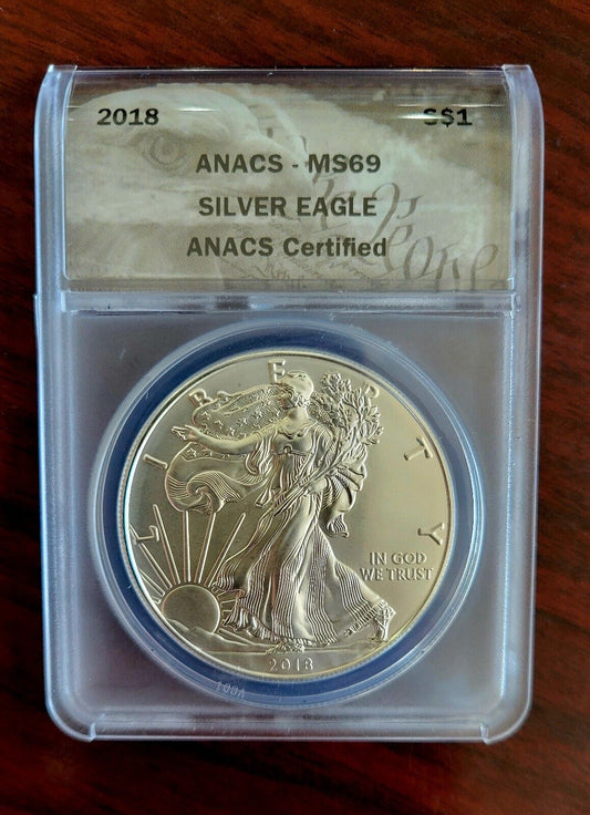 2018  $1 American Silver Eagle ANACS MS69 Silver Dollar .999 Fine Silver 1oz.