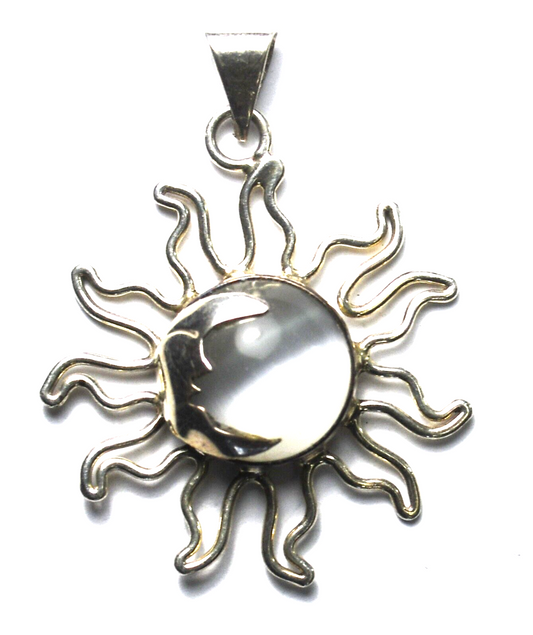 Sterling Silver Round White Tiger's Eye Moon Sun Wire Pendant 33mm x 43mm