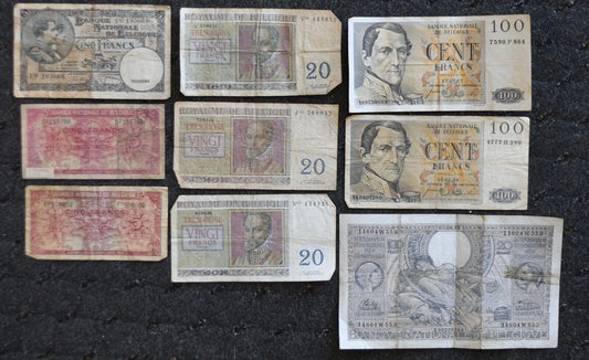 9- Belgium Banknotes 5 20 & 100 Belgas 1938-57