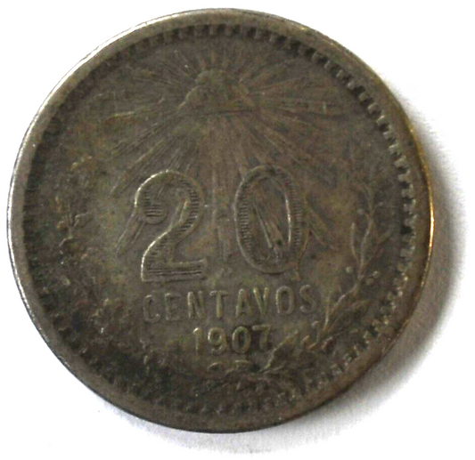 1907 Mexico Estados Unidos Mexicanos 20 Twenty Centavos Silver Coin KM# 435