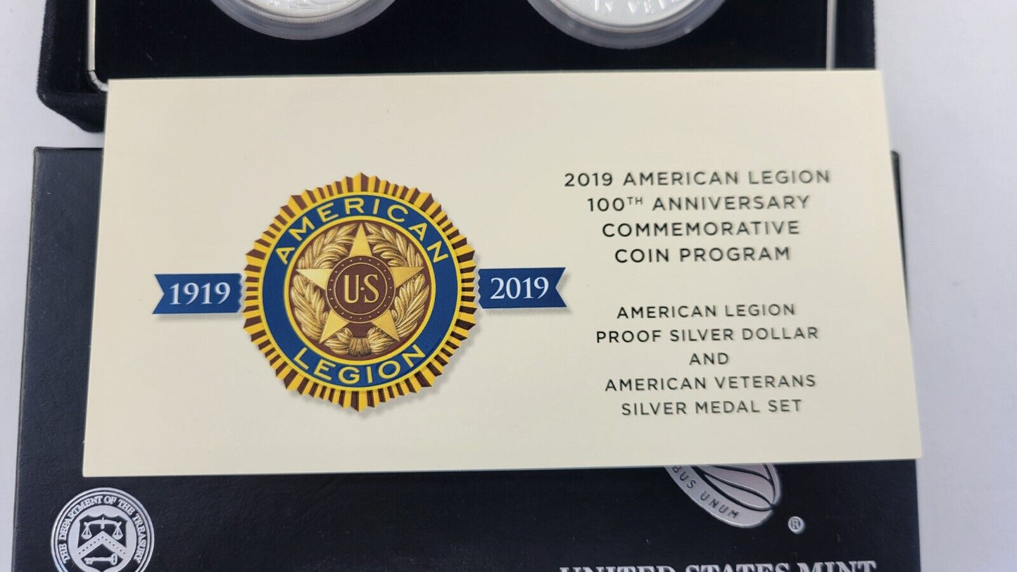 2019 American Legion 100th Anniversary Silver Proof Dollar Medal Set w/COA Boxed
