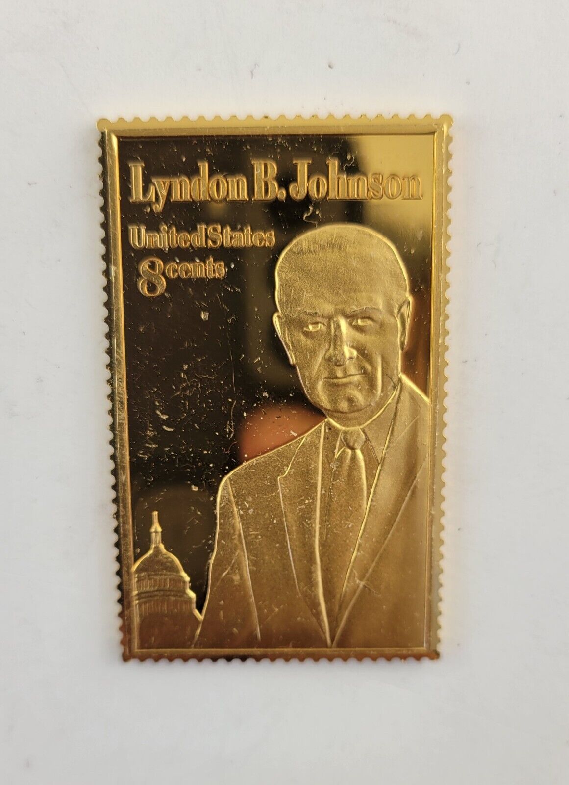 USPS United We Stand .999 Fine Silver Gold Plated Stamp Lyndon B Johnson 1oz.