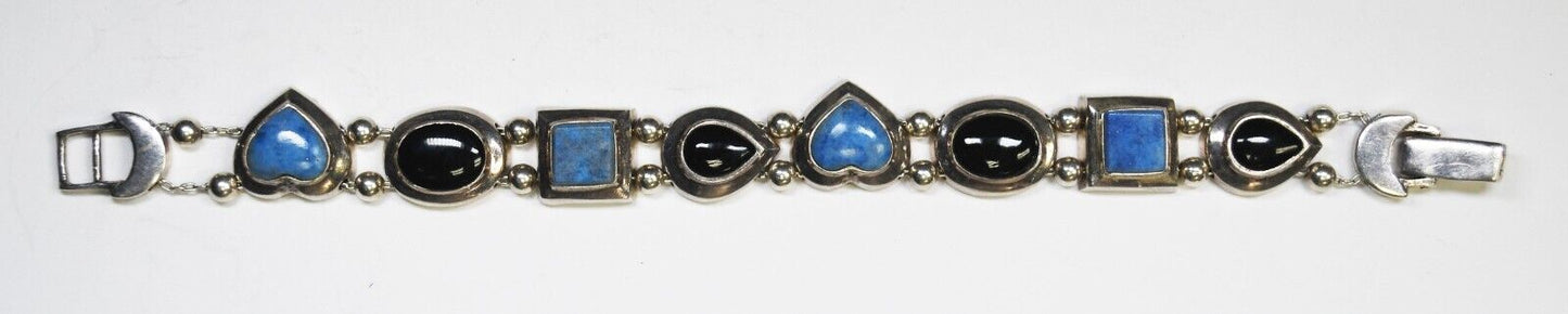 Sterling Heart Square Teardrop Onyx Double Chain Bead Slider Bracelet 14mm 7.5"