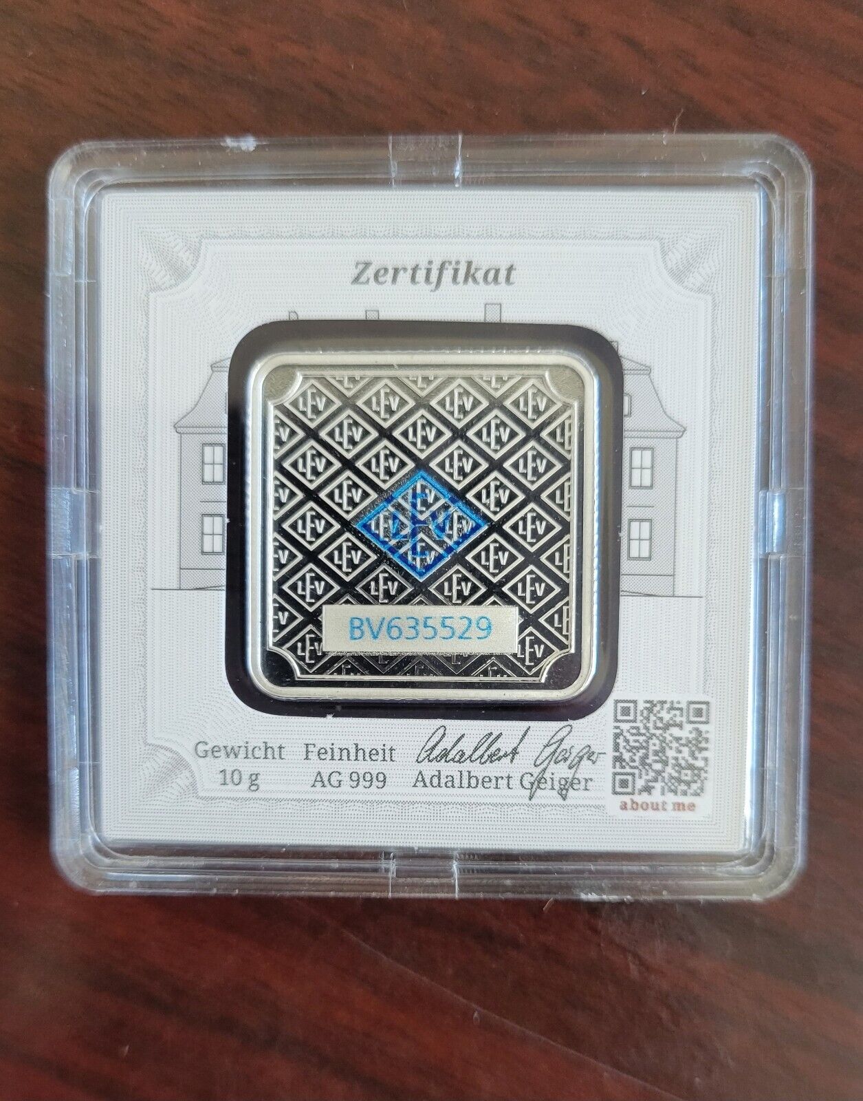 10 gram Silver Square Geiger Edelmetalle Encapsulated w/Assay Card Germany