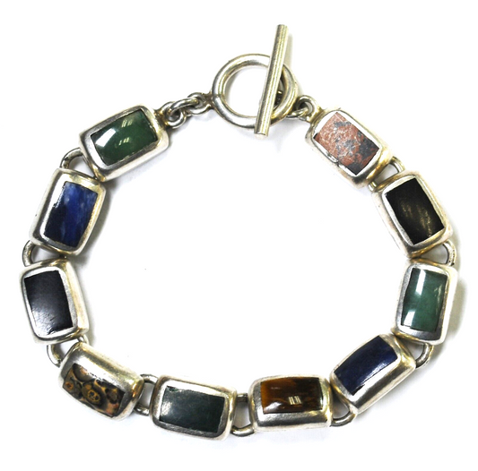 Sterling Silver Rectangle Multi Stone Bracelet 9mm 7.5" Wrist