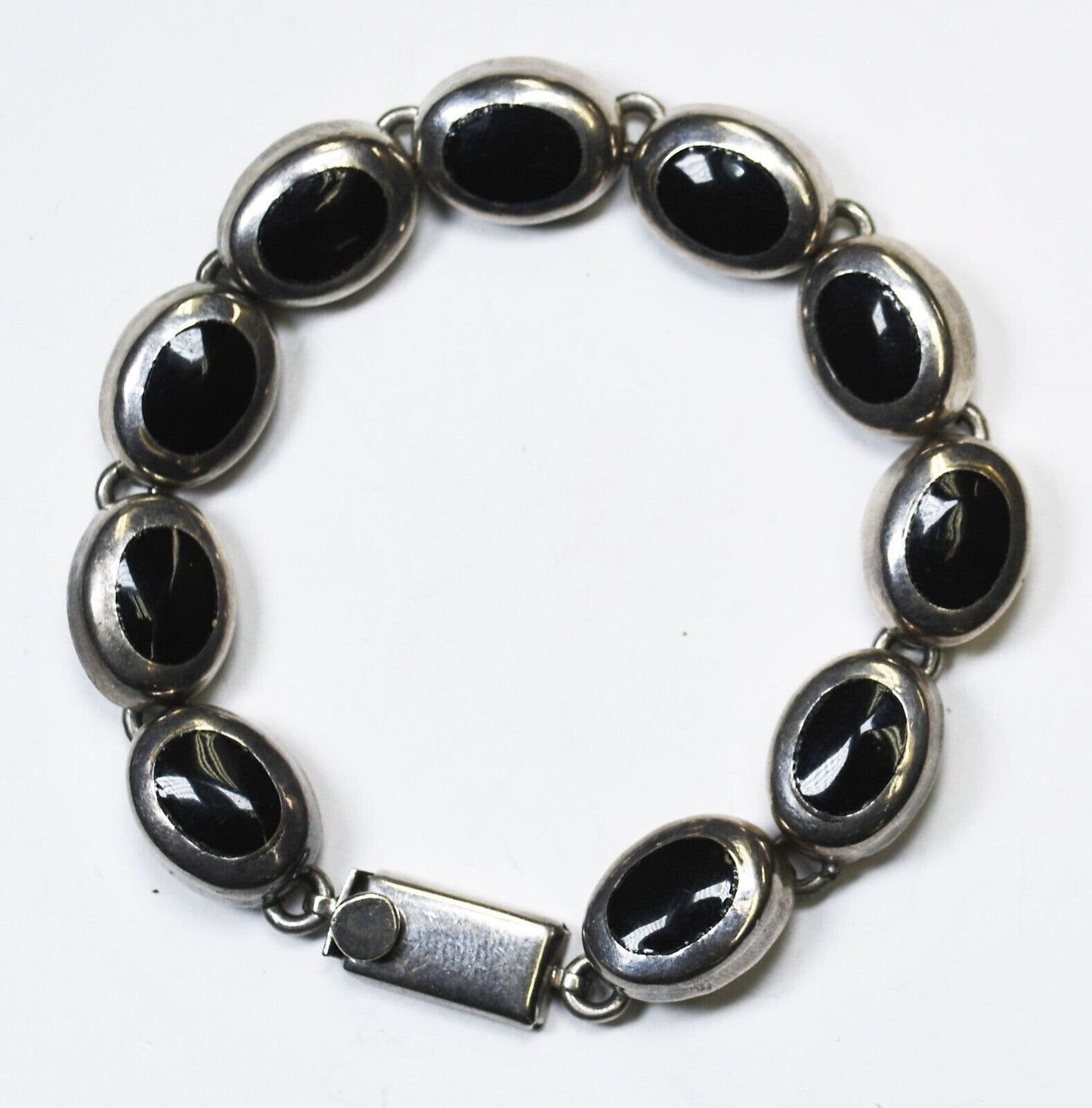 Sterling Silver Mexico Oval Black Onyx Chain Bracelet 12mm 7.75"