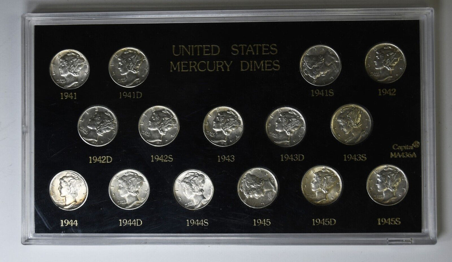 1941-1945 10c Mercury Silver Dime Rare Ten Cents PDS 15 Coin Set AU-Unc