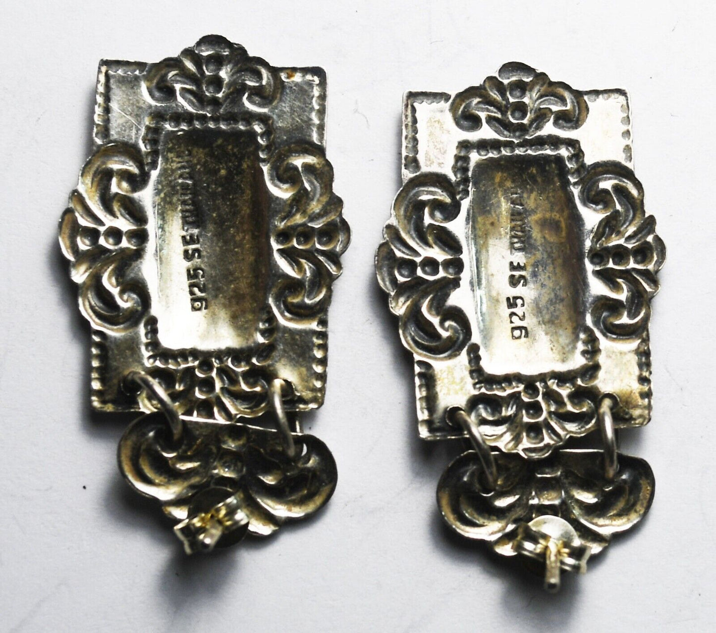 Sterling Silver Luggage Bottle Tag Scroll Rectangle Earrings 39mm x 21mm