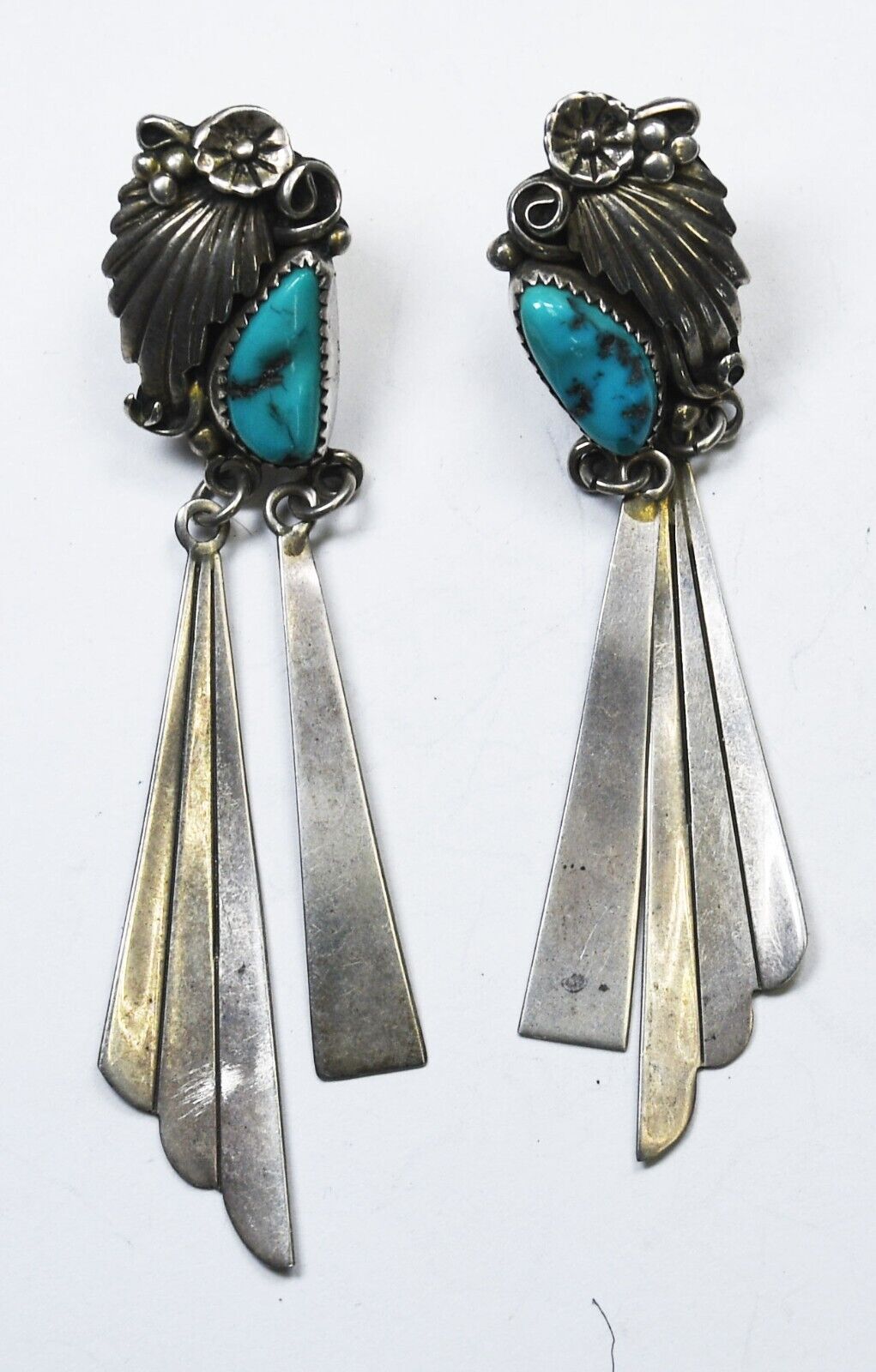 Sterling Vintage Turquoise Chunk Floral Dangle Earrings 2-3/4" x  14mm