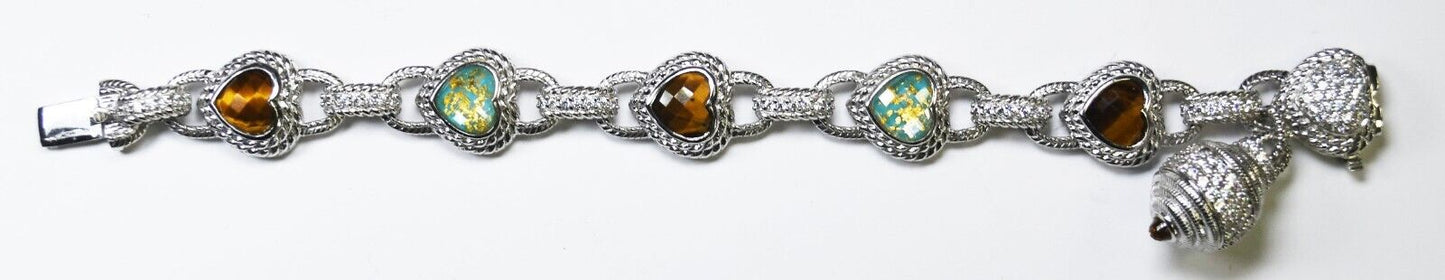 Sterling Judith Ripka Faceted Heart Tiger's Eye Toggle Bracelet 16mm 7.5"