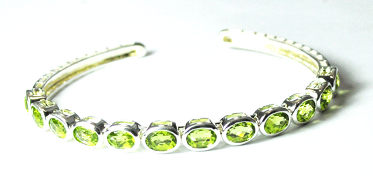 Sterling Silver PAJ Oval Green 12 CZ Single Row Cuff Bracelet 7mm 7" Wrist