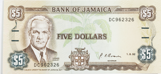 1992 Jamaica $5 Five Dollars Banknote Uncirculated DC962326