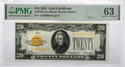 1928 $20 Twenty Dollars Gold Certificate A35650834A Fr#2402 PMG 63 Choice Unc