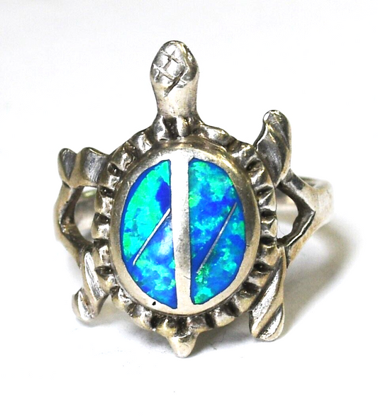 Sterling Silver Turtle Opal Inlay Band Ring 21mm Size 8