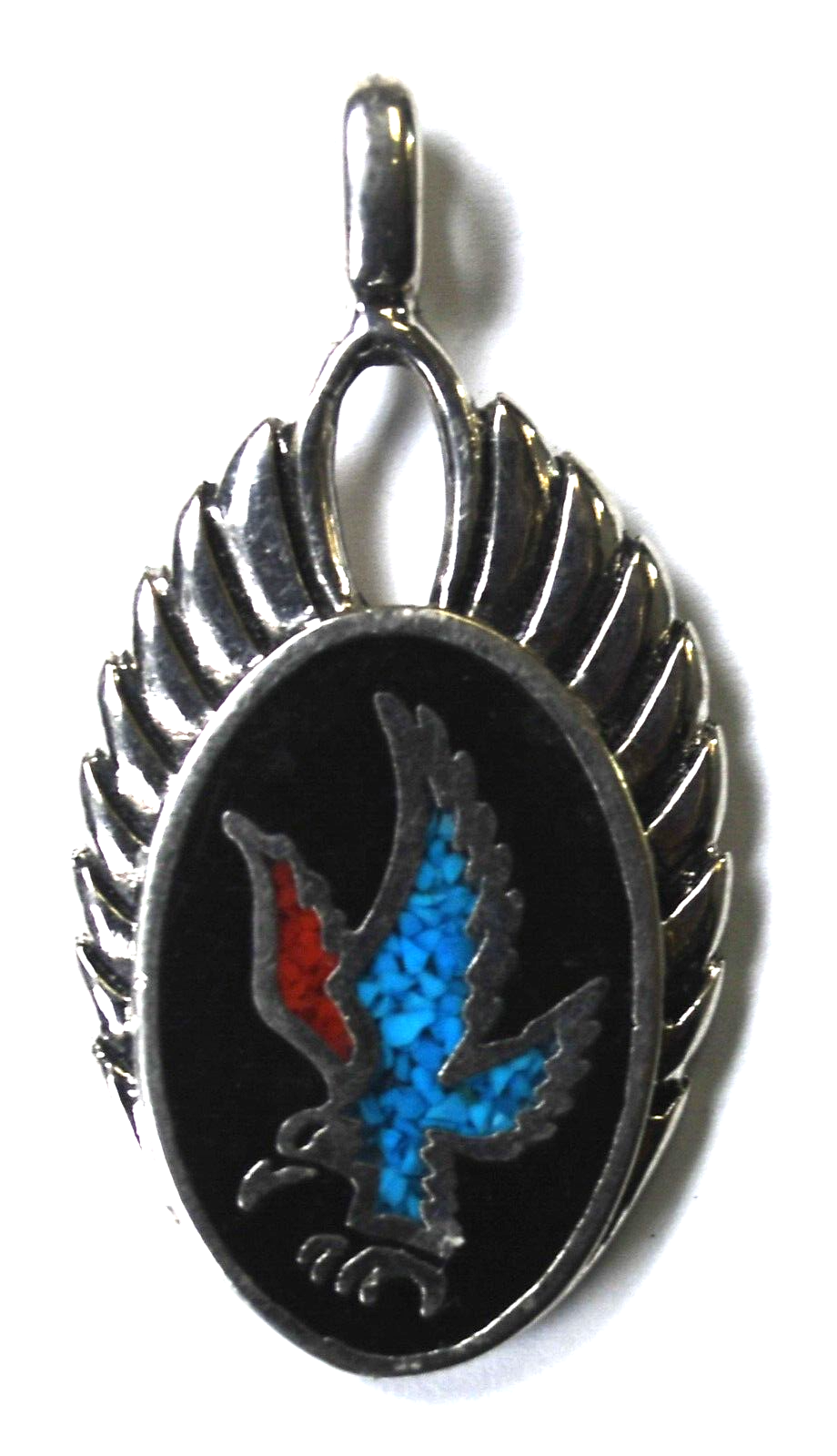 Sterling SW 92 Onyx Turquoise Coral Chip Inlay Eagle Wings Pendant 40mm x 21mm
