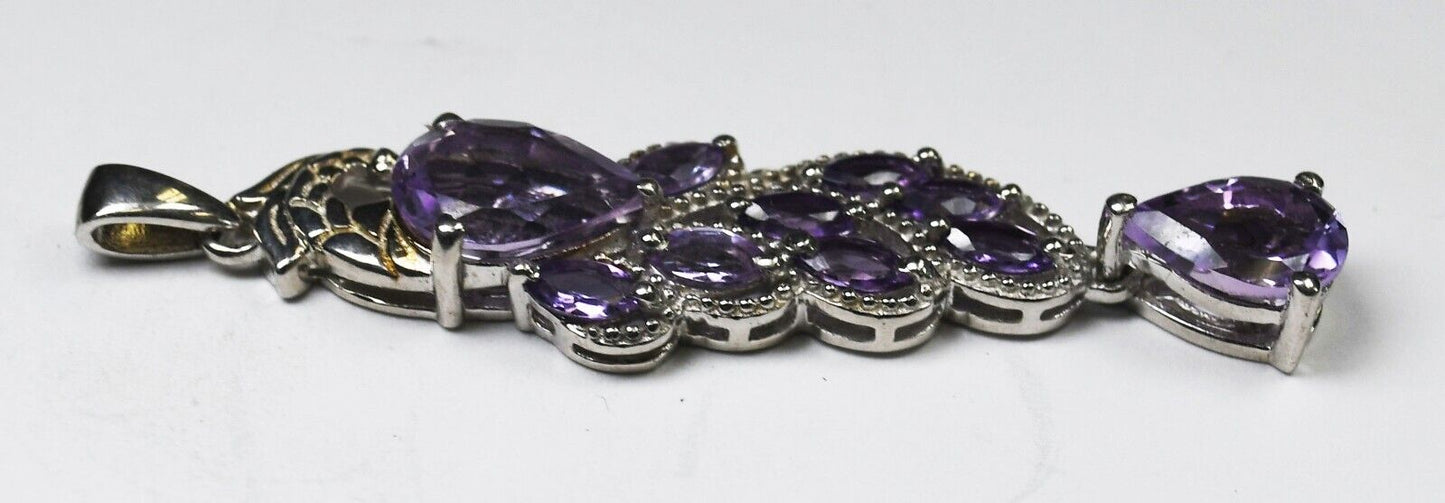 Sterling Silver Amethyst Dangle Floral Leaf Pendant 49mm x 10mm