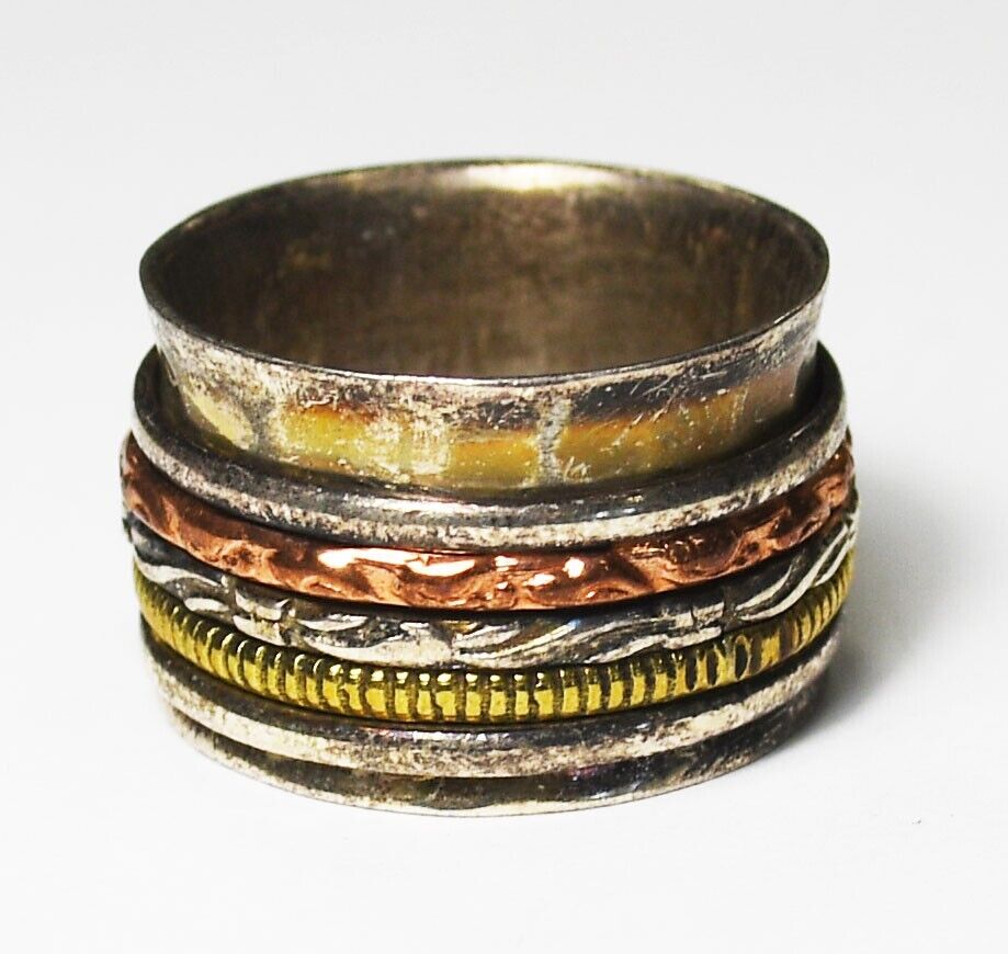 Sterling Silver Hammered 5 Spinner Band Ring 14mm Size 9