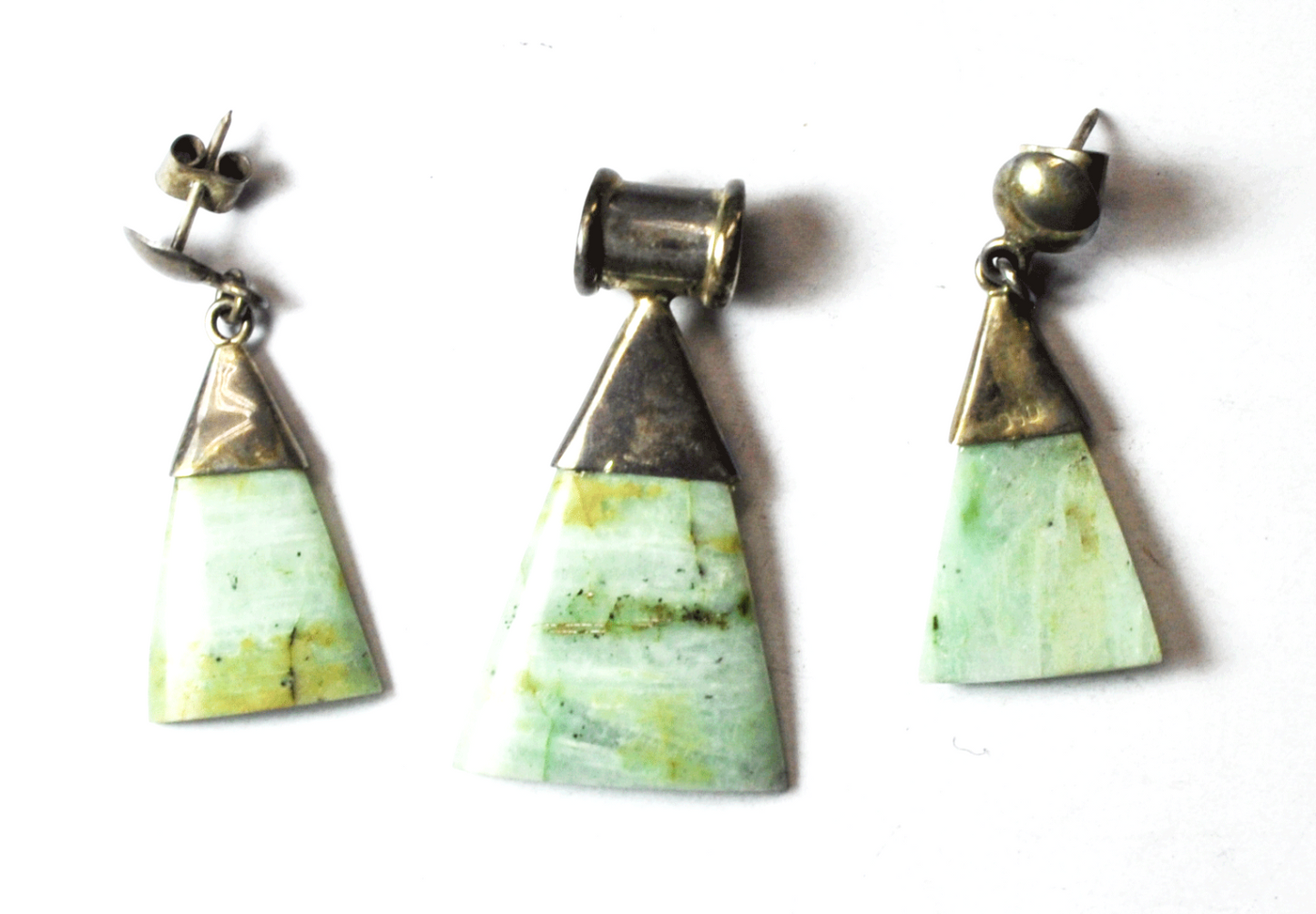 950 Silver Green Brown Jade Triangle Earrings & Slider 1-3/4" Pendant Set