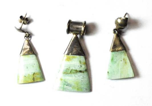 950 Silver Green Brown Jade Triangle Earrings & Slider 1-3/4" Pendant Set