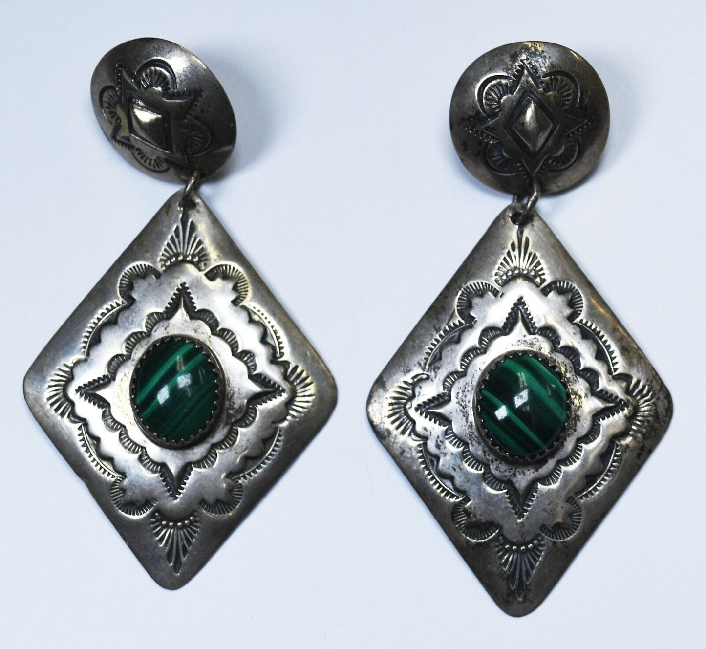 Sterling Silver Arthur Platero Malachite Concho Earrings 67mm x 35mm