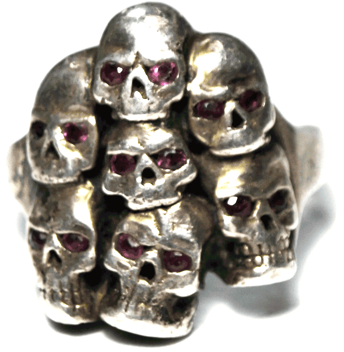 Sterling Silver Stacked Skulls Ruby Eyes Large Biker Ring 27mm Size 14