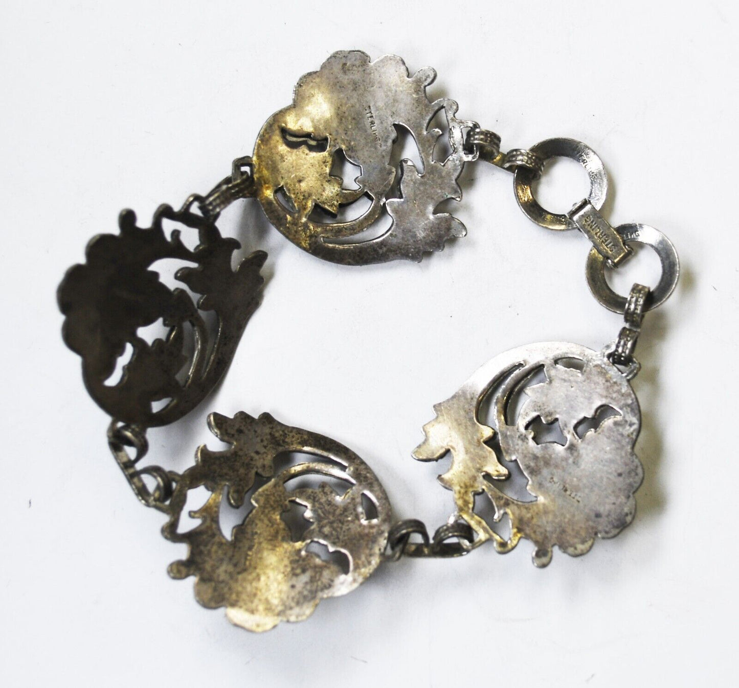 Sterling Vintage Flower Floral Vine 28mm Round Link Bracelet 7"