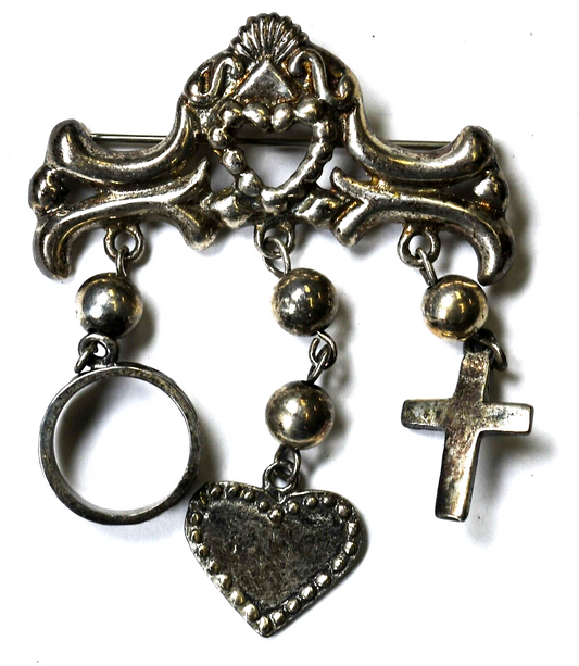 Sterling Silver Mexico Claddagh Heart Ring Cross Brooch Pin 2" x 2.5"
