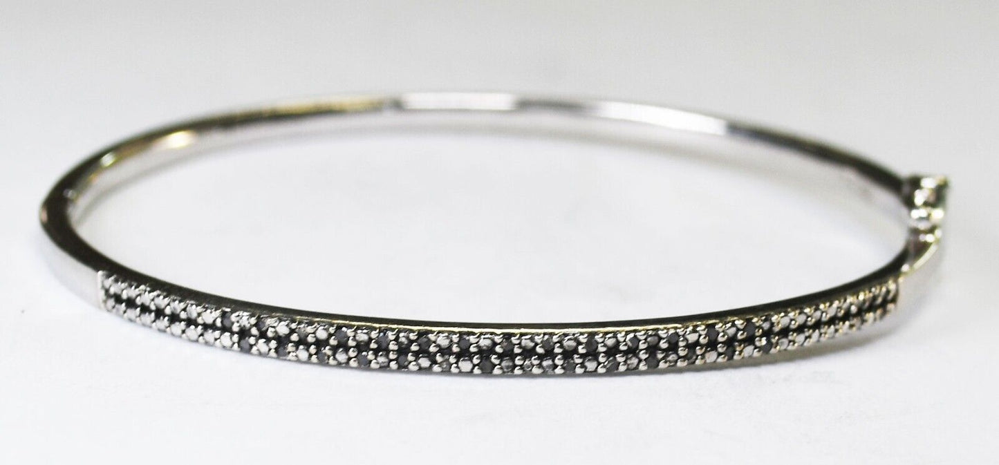 Sterling Silver SUN Black Diamond Oval Hinged Bangle Bracelet 3mm 6.75" Wrist